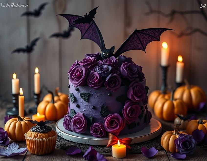 Halloween party cake and muffins for vampire angels fantasy story by LichtRahmen. Picture made with AI by LichtRahmen.